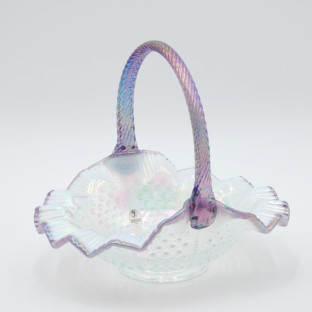 Fenton 8" French Opalescent Iridized Hobnail Basket Dusty Rose Crest